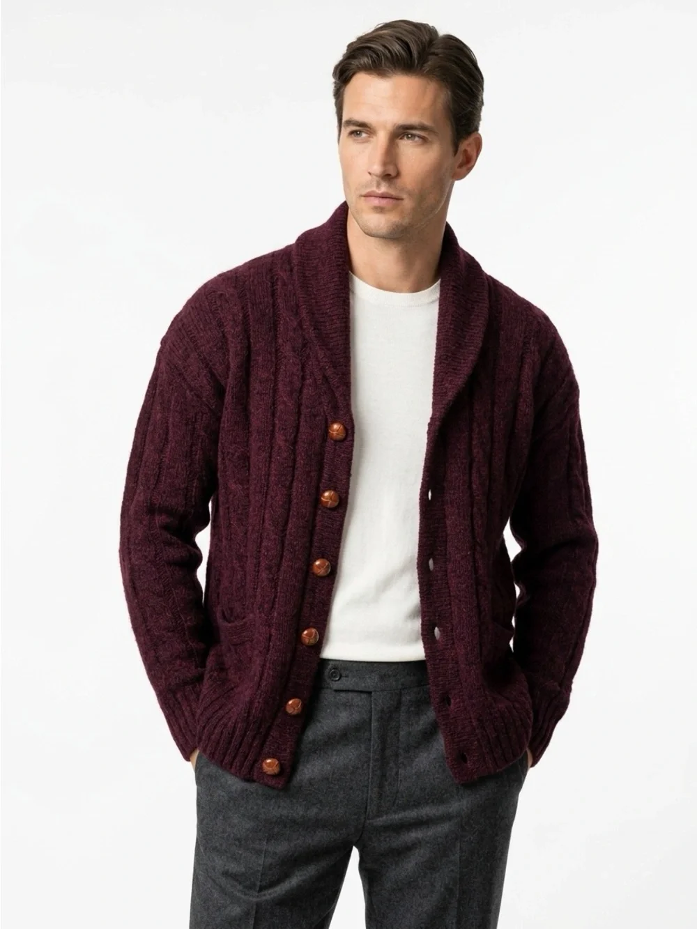Eddie Bauer Vintage Shawl Collar Cable Knit Wool Cardigan Burgundy XL